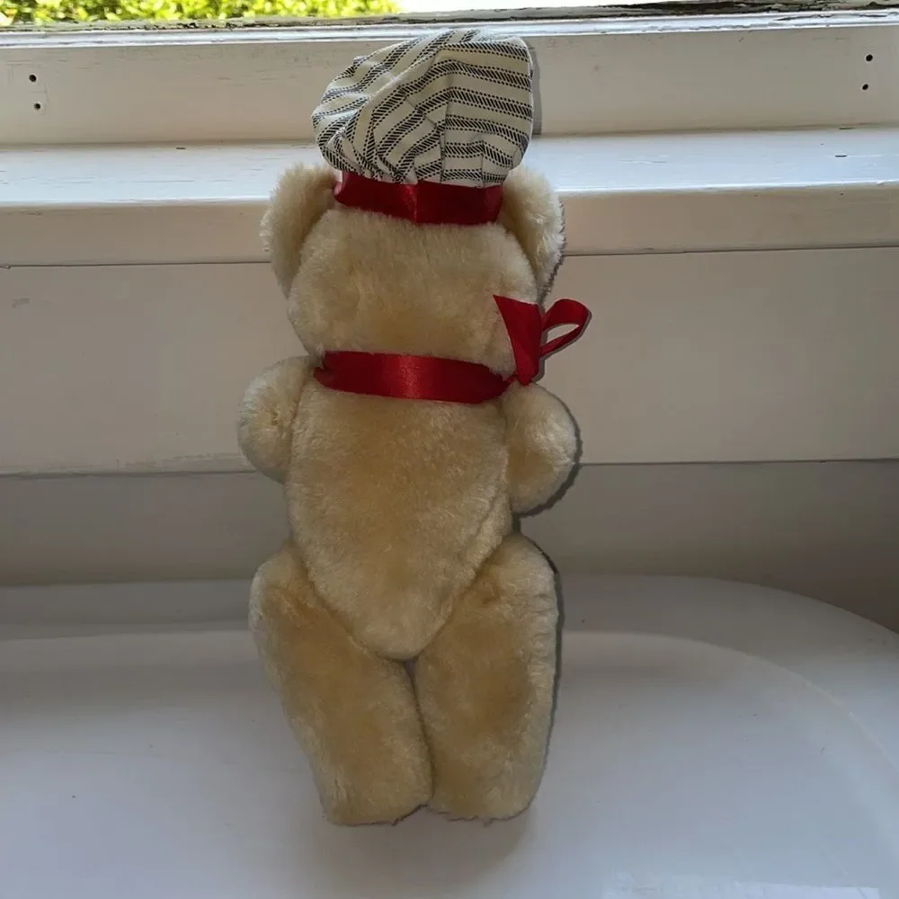 Vintage tan railroad engineer Teddy Bear with wooden train & music box‎